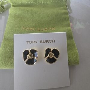 Tory Burch Black and Gold Floral Earrings